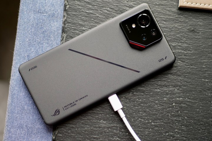 The Asus ROG Phone 9 Pro on charge.