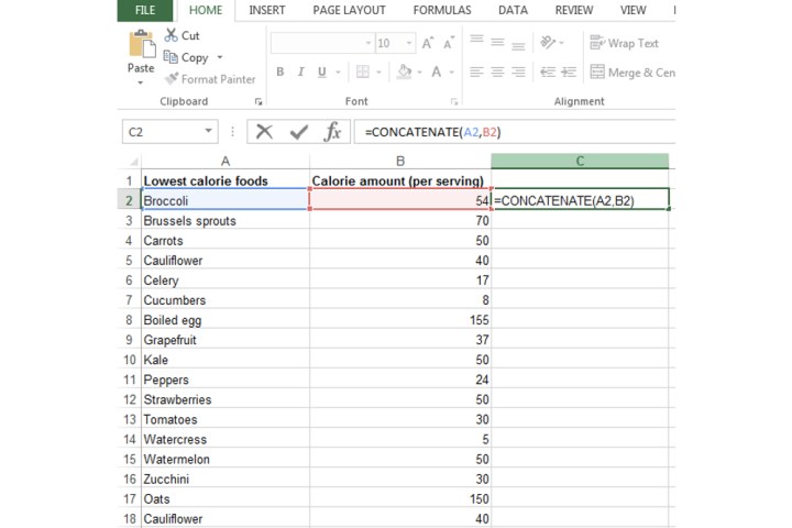 Entering the concatenate formula into a cell in Excel.