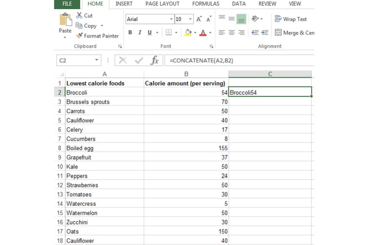 How a cell looks after inputting the concatenate formula in Excel.