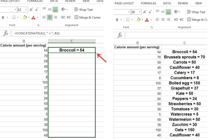 Applying the concatenate formula by dragging a cell in Excel.