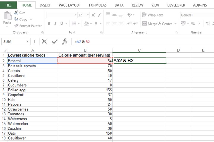 Applying the concatenate function in Excel without the formula.