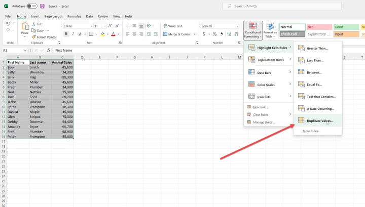 Selecting the duplicate values function in Microsoft Excel.