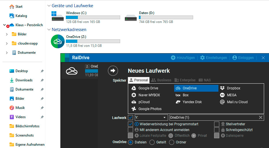 The Raidrive tool assigns real drive letters to cloud storage such as Dropbox, Google Drive, and OneDrive on the Windows computer.