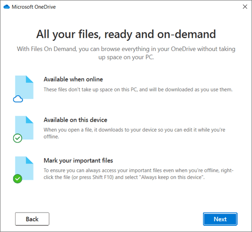 During the setup of OneDrive, it looks like general advertising, but it is important: The references to different status icons for files and folders.