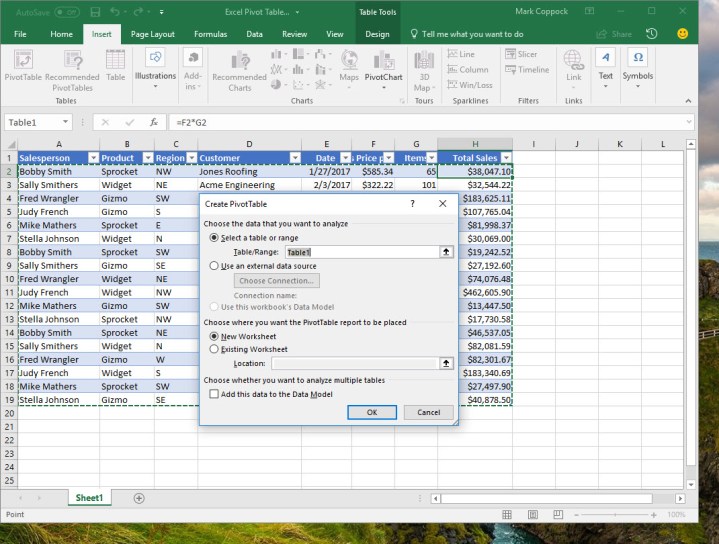 Creating Pivot Table Dialog