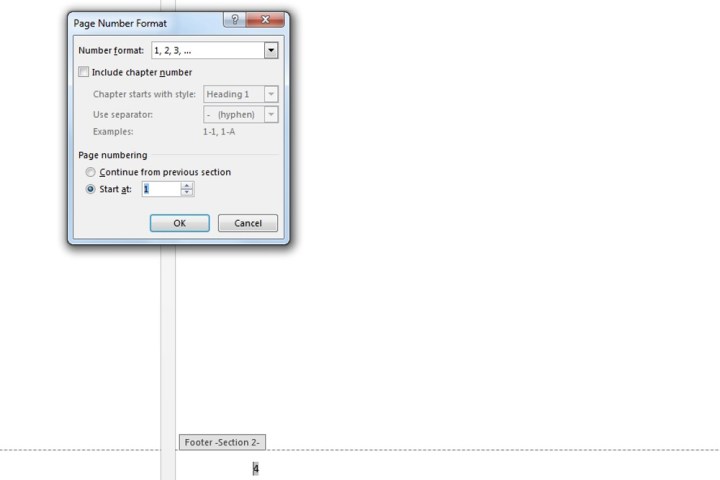 The Start at box within Page Number Format in Microsoft Word.
