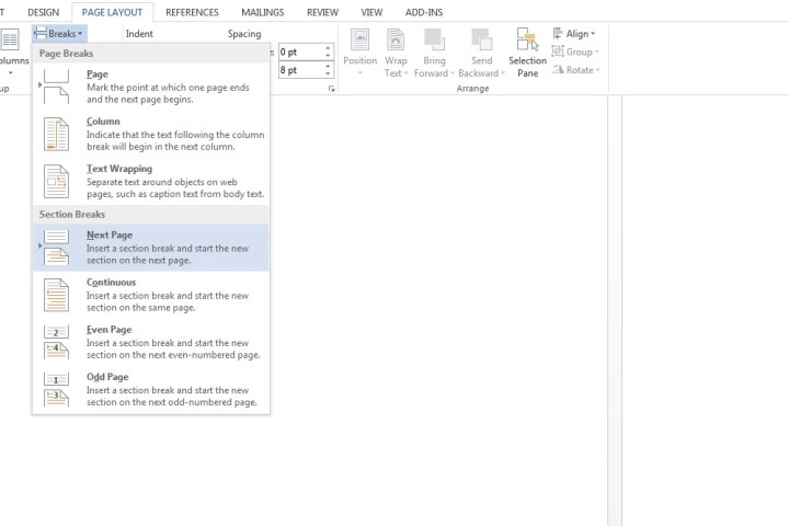 The Next Page box located within Breaks on Microsoft Word.