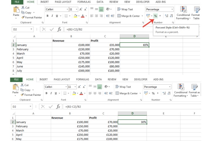 The percentage icon is highlighted in Excel.