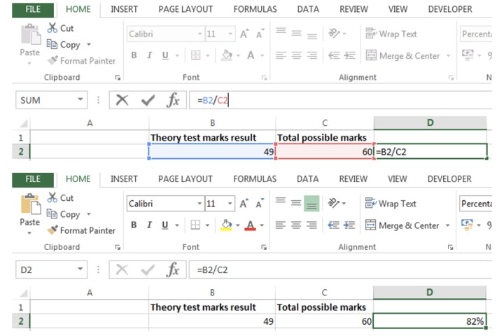 Entering a custom formula that calculates percentages in Excel.