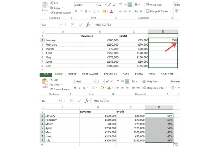 Using the drag feature in Excel to replicate the percentage formula in other cells.