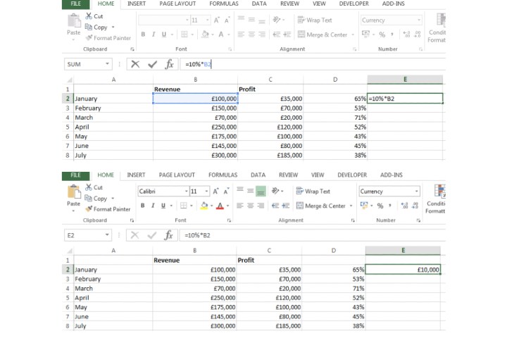 Entering the formula to find a specific percentage of a cell’s value in Excel.