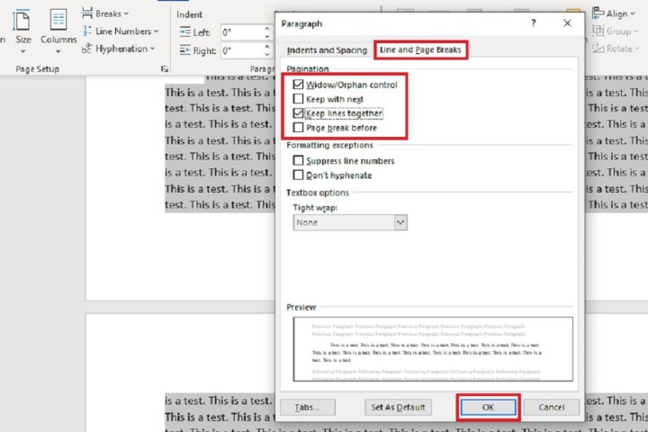 how to remove page break in word ms paragraph dialog box for adjust screenshot