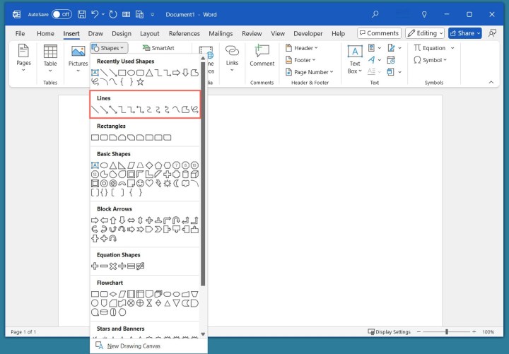 Lines in the Shapes menu in Word.