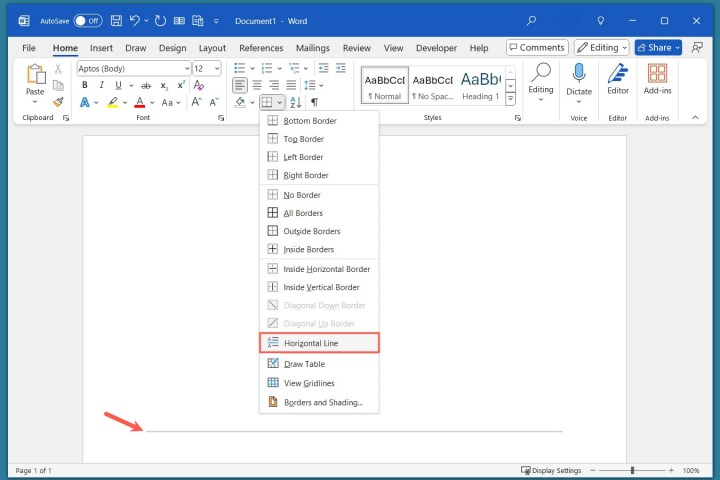 Horizontal Line in the Word Borders menu