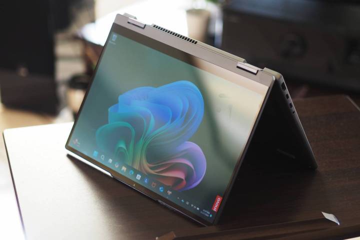 The IdeaPad 5x in tent mode on a table.