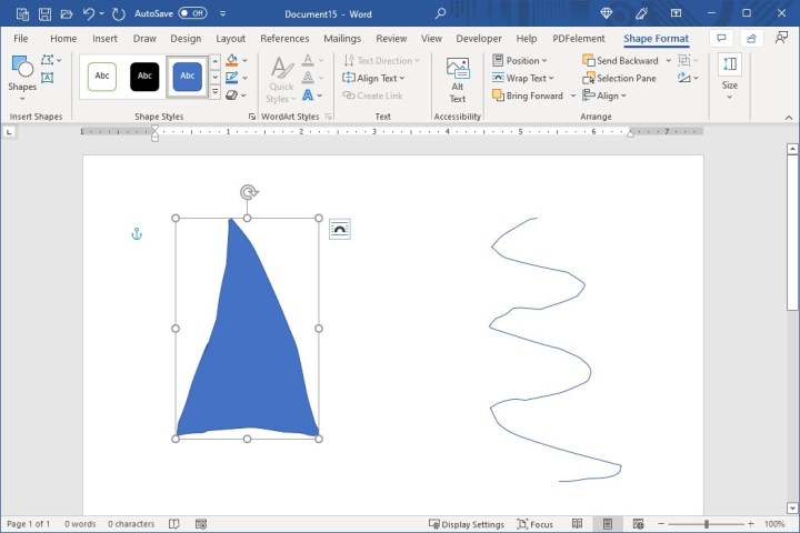 The Shape Format tab in Microsoft Word, allowing customization of freeform drawings.