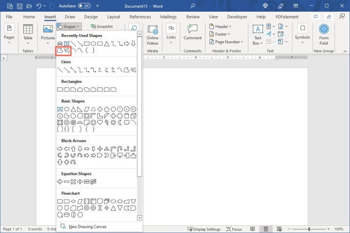 Freeform Shape and Freeform Scribble options within the Shapes drop-down menu in Microsoft Word.