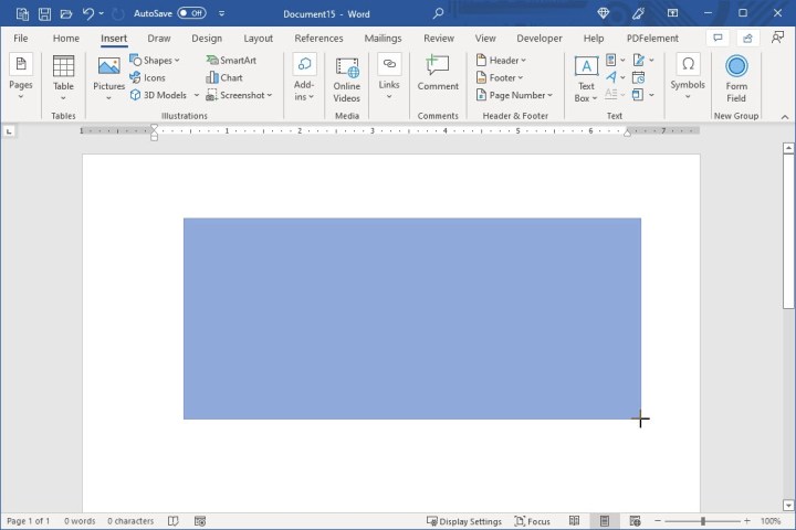 Drawing a rectangle in Microsoft Word using the Shapes feature.