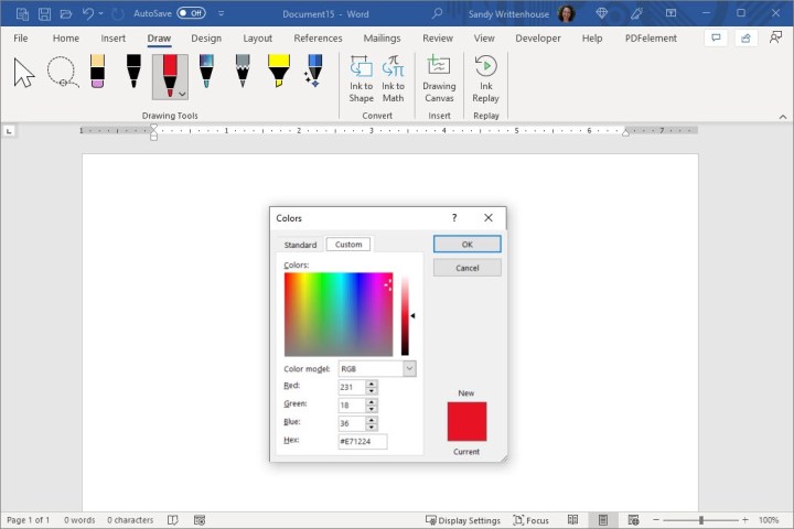 The More Colors dialog box in Microsoft Word, allowing for custom color selection using various methods.