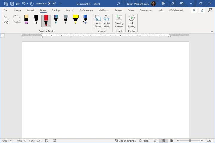 The Draw tab in Microsoft Word, displaying various drawing tools and options.