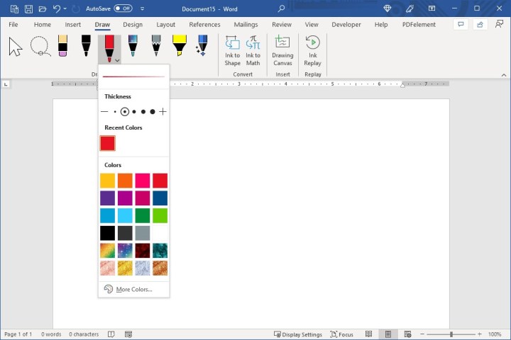 Color and thickness options for drawing tools in Microsoft Word.