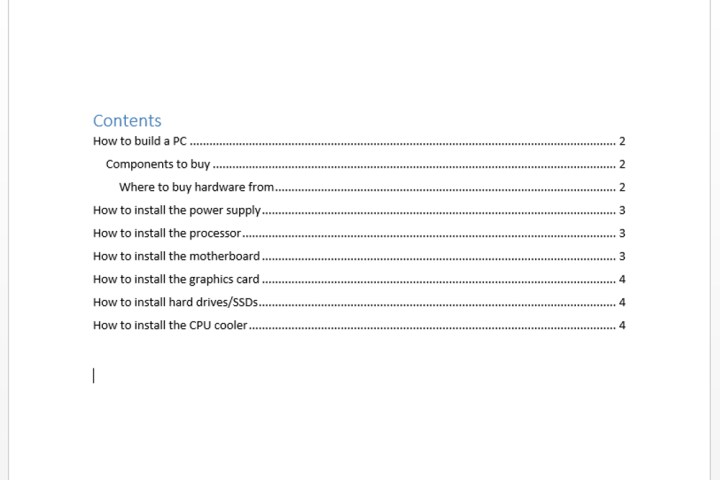 A Table of Contents in Microsoft Word.