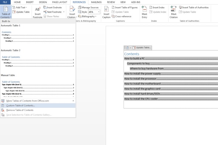 Custom Table of Contents button.