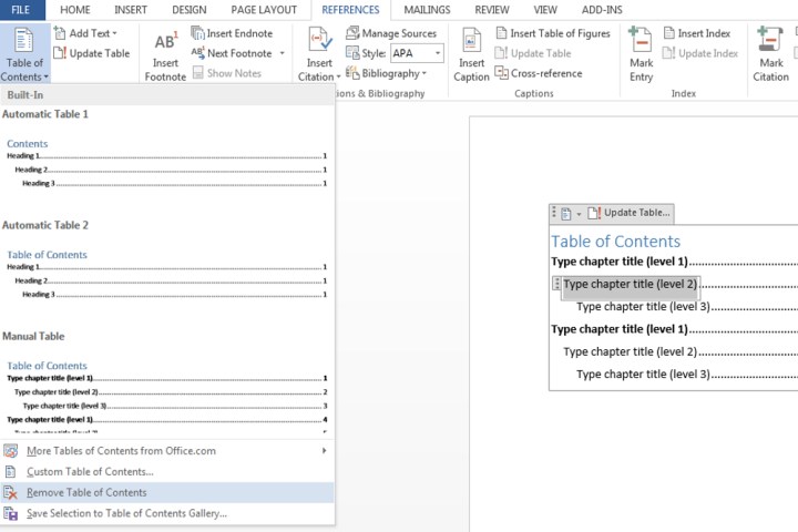 Removing a Table of Contents.