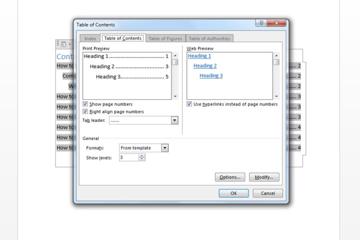 Custom Table of Contents window.