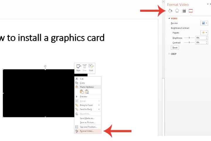 The Format Video window where you can customize specific settings of an embed YouTube video in Microsoft PowerPoint.