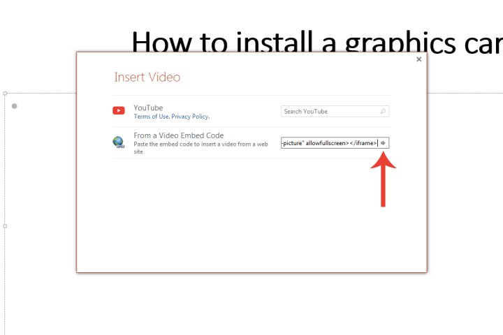 The area to insert embed code for a YouTube video in Microsoft PowerPoint.