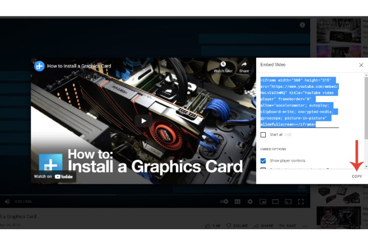 Copying the embed code for a YouTube video.