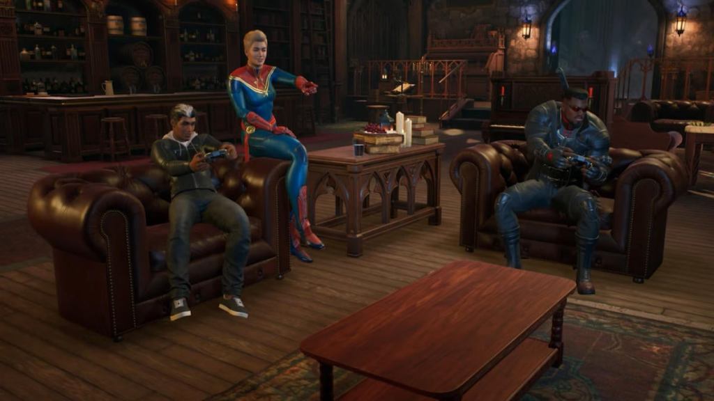 alt: Marvel's Midnight Suns characters interacting in the Abbey.