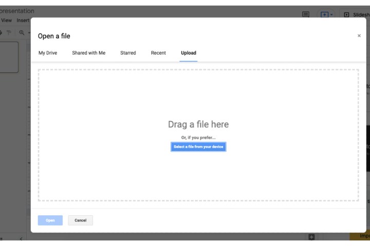 The Upload section in Google Slides for opening a new file.