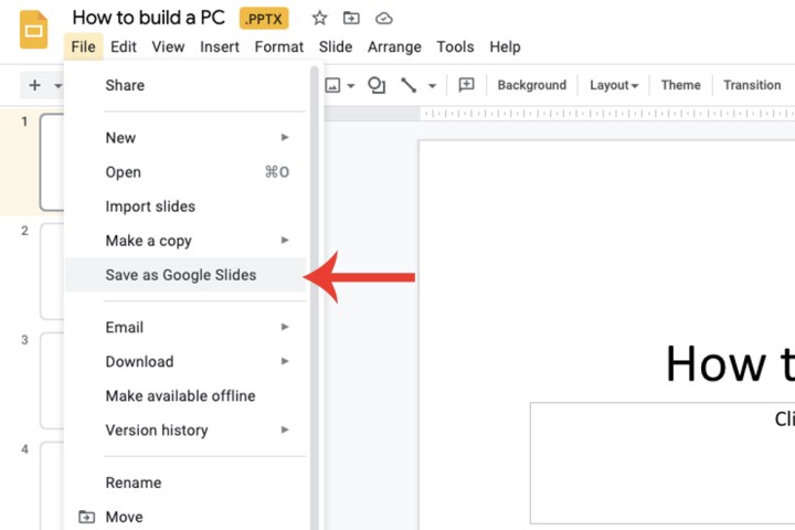 The tab to save a PowerPoint file as a Google Slides file.