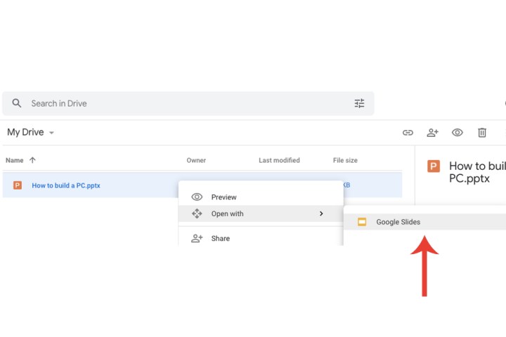 Opening a PowerPoint presentation file on Google Drive with the Google Slides tab.