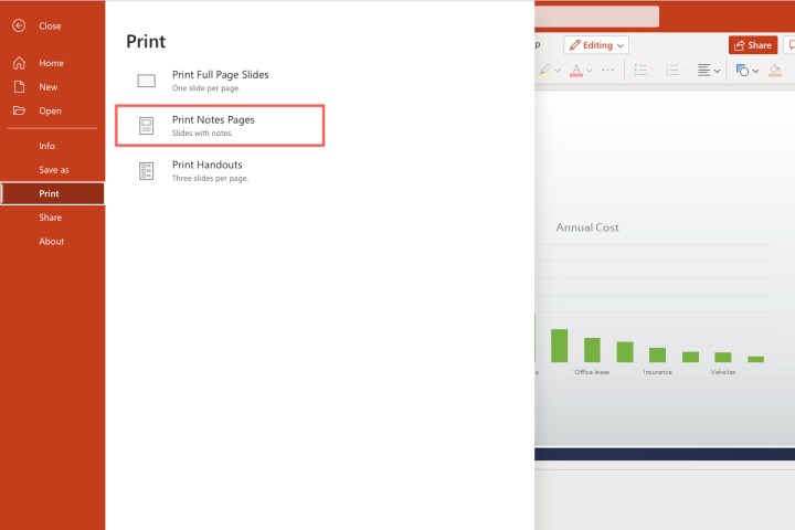 Selecting the "Print notes pages" option in PowerPoint for the web.