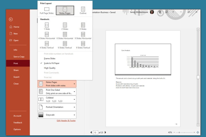 Selecting print options in PowerPoint for Windows, including slide range.