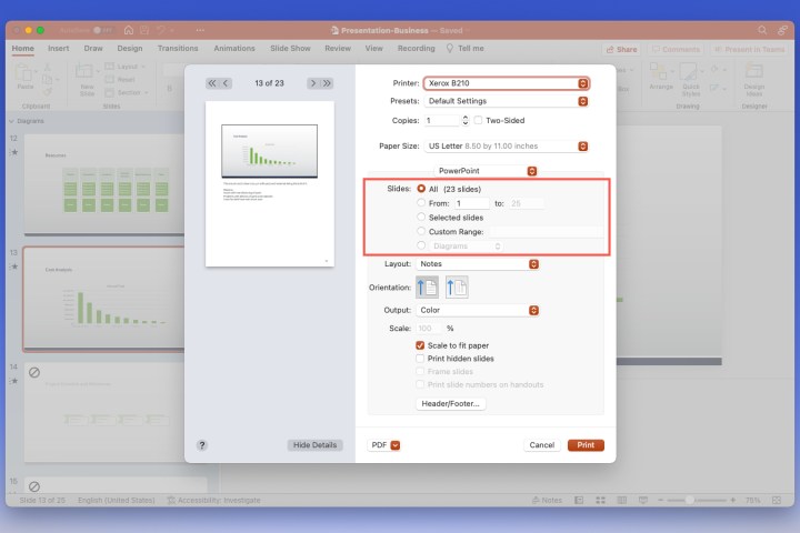 Choosing slides to print in PowerPoint for Mac, with options for specific slides or ranges.