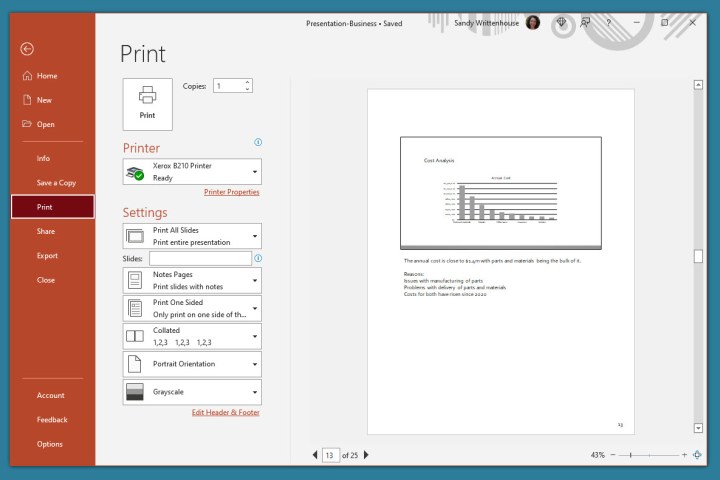 Final print dialog box in PowerPoint on Windows, ready to print.