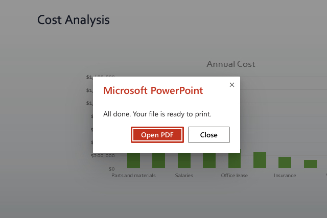 Dialog box in PowerPoint for the web prompting to open the presentation as a PDF for printing.