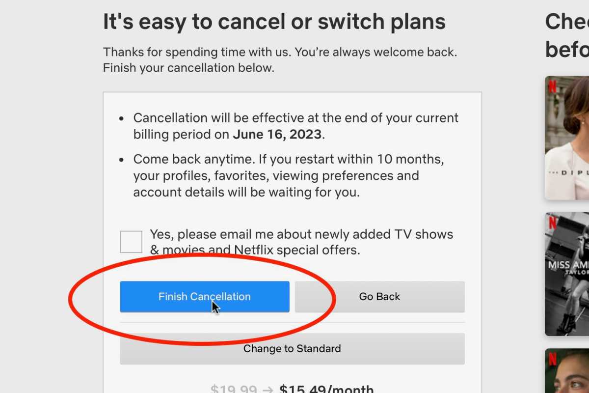 alt: Confirming Netflix account cancellation with the "Finish Cancellation" button