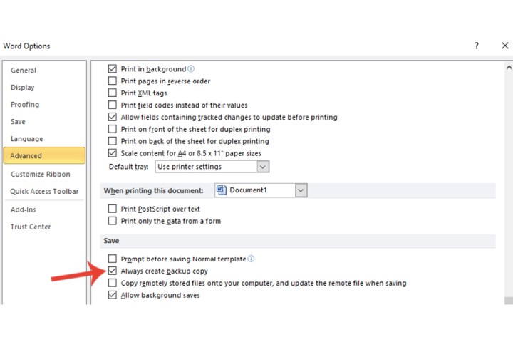 alt text: Screenshot of Word Options, Advanced tab, showing the 'Always create backup copy' option checked.