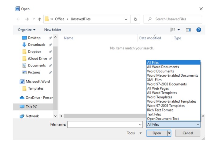 alt text: Screenshot of the file type dropdown menu in Microsoft Word's Open dialog, with 'All Files' selected.