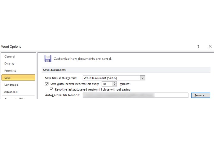 alt text: Screenshot of the 'Save' options in Microsoft Word, showing the 'AutoRecover file location' field.