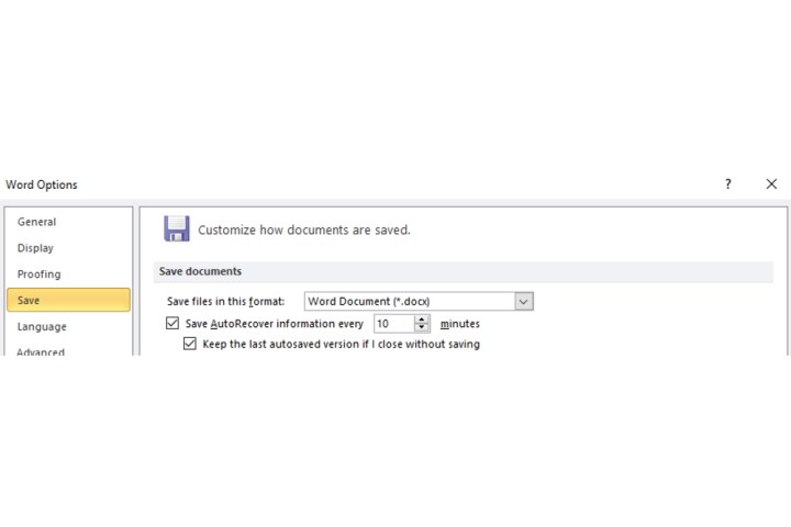 alt text: Screenshot of the Save options in Microsoft Word, allowing customization of AutoRecover settings.