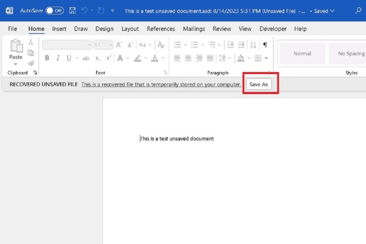 alt text: Screenshot of a recovered document in Microsoft Word, with the 'Save As' button highlighted.