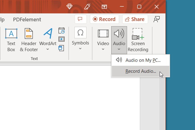 Selecting 'Record Audio' option in PowerPoint.