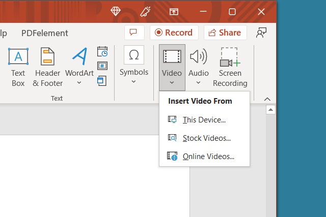 Video insertion options in PowerPoint.