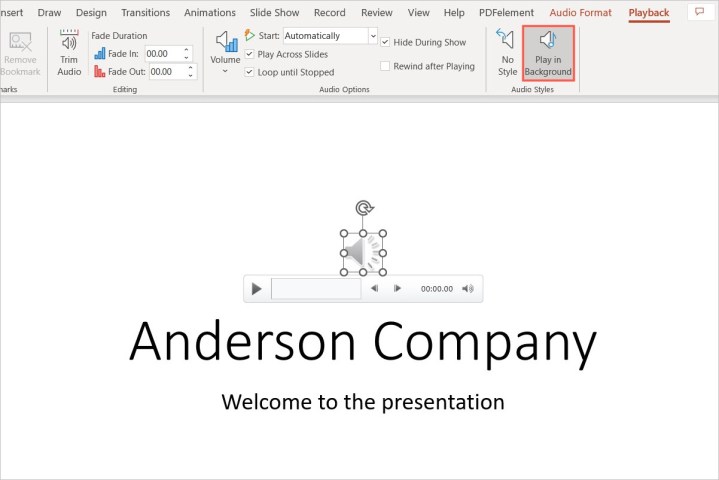 Playback options for background music in PowerPoint.